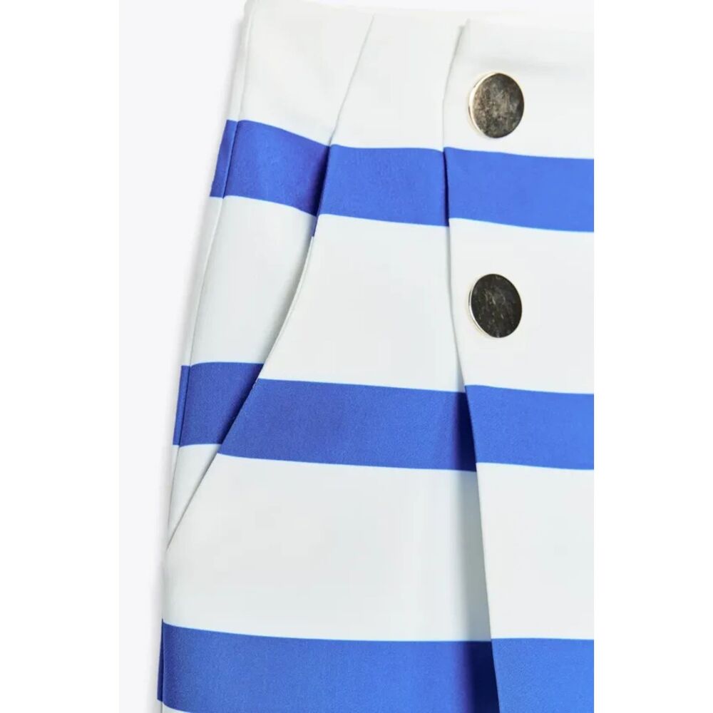 Blue and White Striped Zara Gold Decorative Buttons Pleated Nautical Shorts, NWT - Picture 5 of 8
